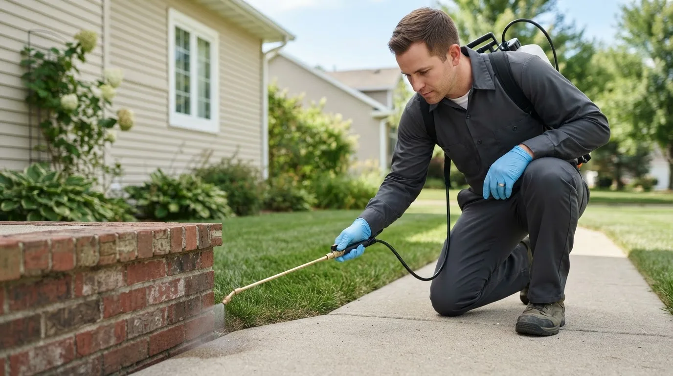 Pest control technician treating a home near Clayton, NY